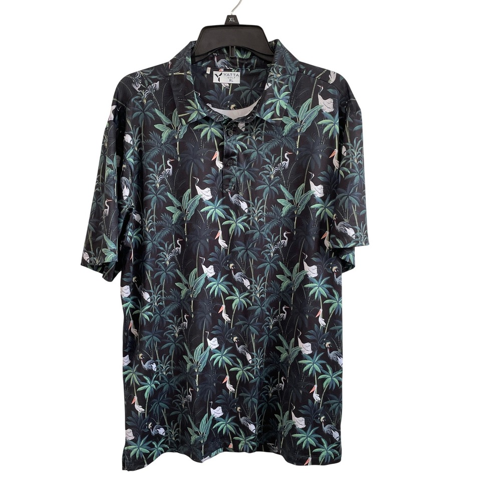 Yatta Golf Mens XL Tropical Palm Bird Print Performance Polo Shirt Black Green